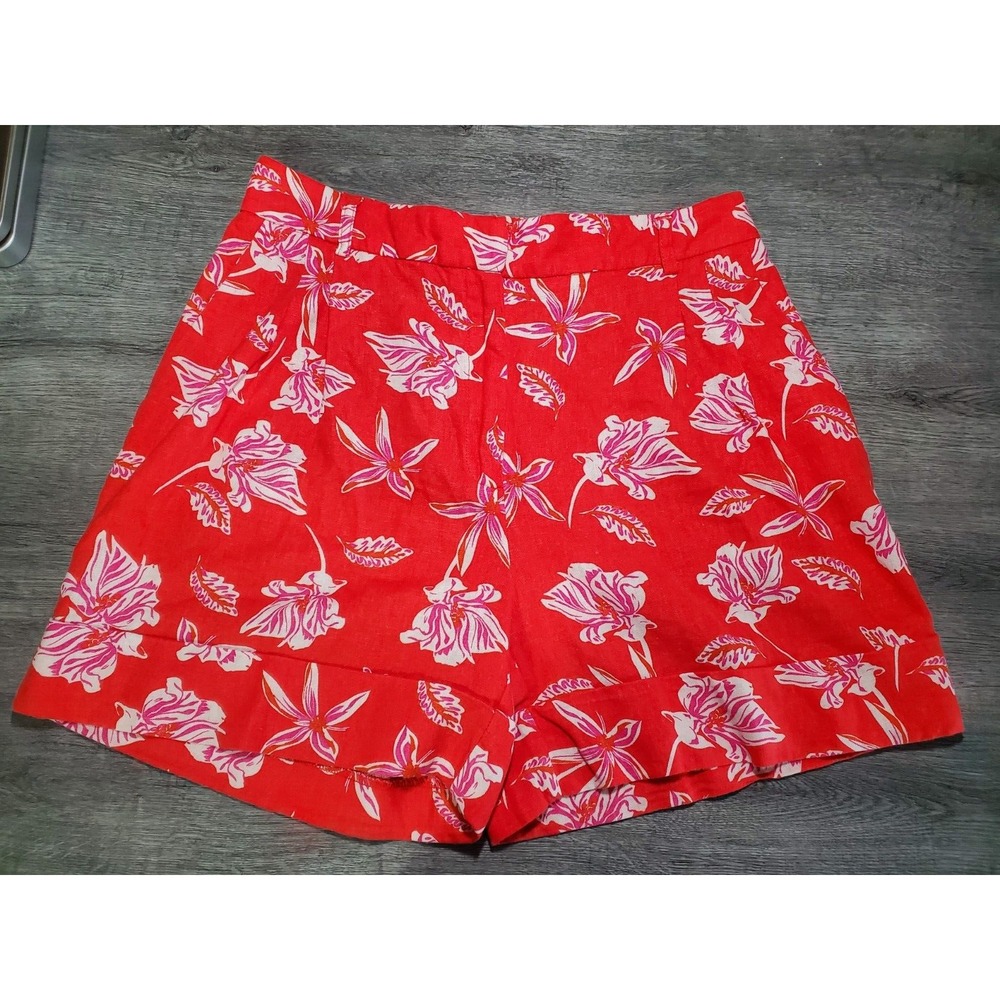 Joie Shorts Womens 8 Red White Pink Floral Linen‎ Blend Pockets Casual